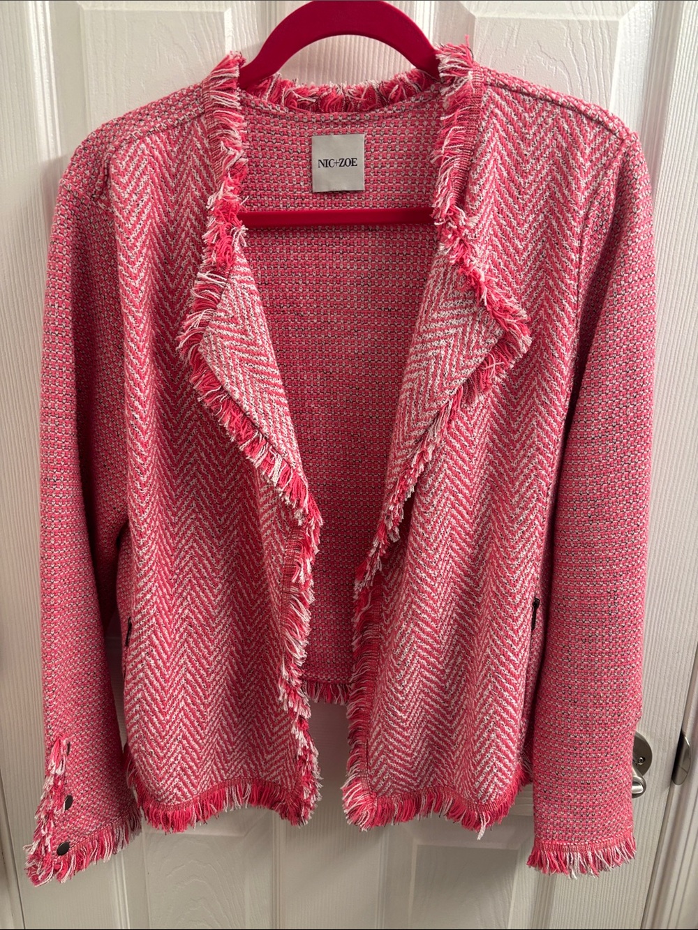 NIC+ZOE Pink Fringe Open-Front Knit Blazer Tweedish - Medium